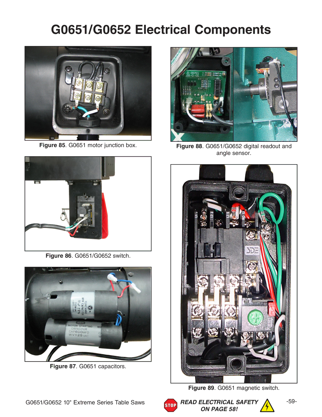 Grizzly owner manual G0651/G0652 Electrical Components, G0651 motor junction box 