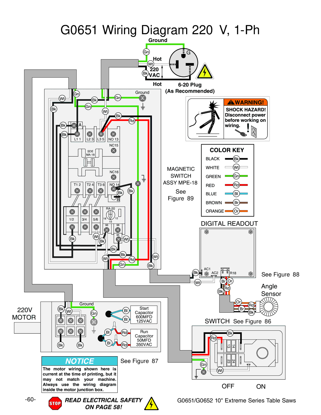 Grizzly G0652 owner manual G0651 Wiring Diagram 220V, 1-Ph, HLI8= See Figure 