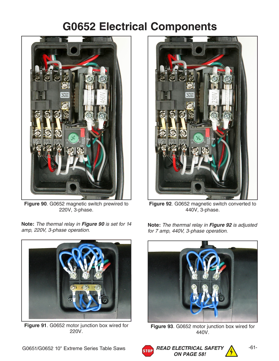 Grizzly G0651 owner manual G0652 Electrical Components, G0652 magnetic switch prewired to 220V, 3-phase 