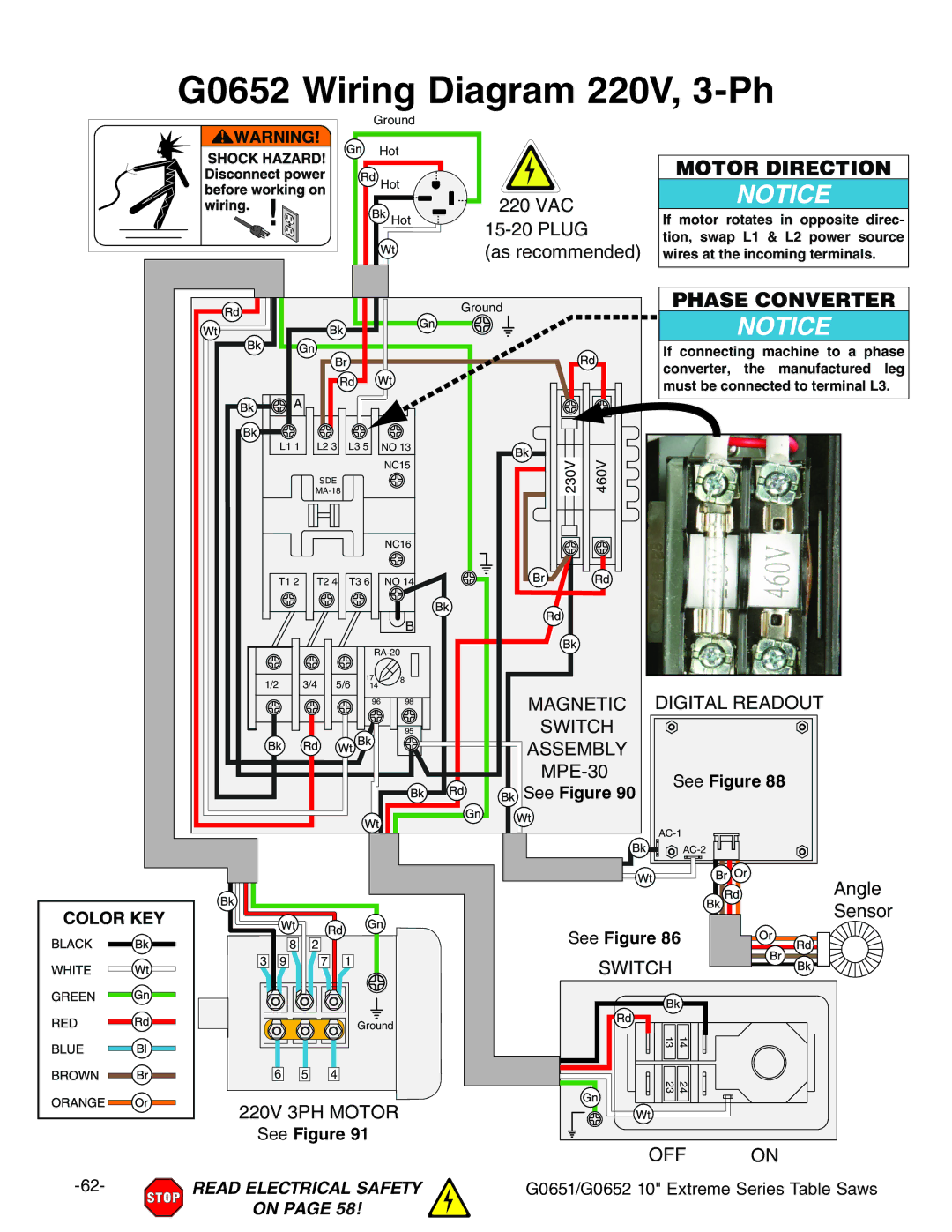 Grizzly G0651 owner manual G0652 Wiring Diagram 220V, 3-Ph, Motor Direction 