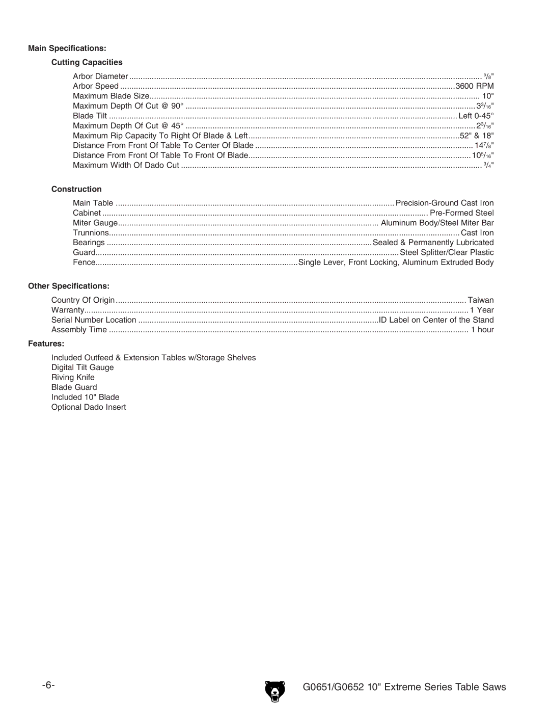 Grizzly owner manual G0651/G0652 10 Extreme Series Table Saws 