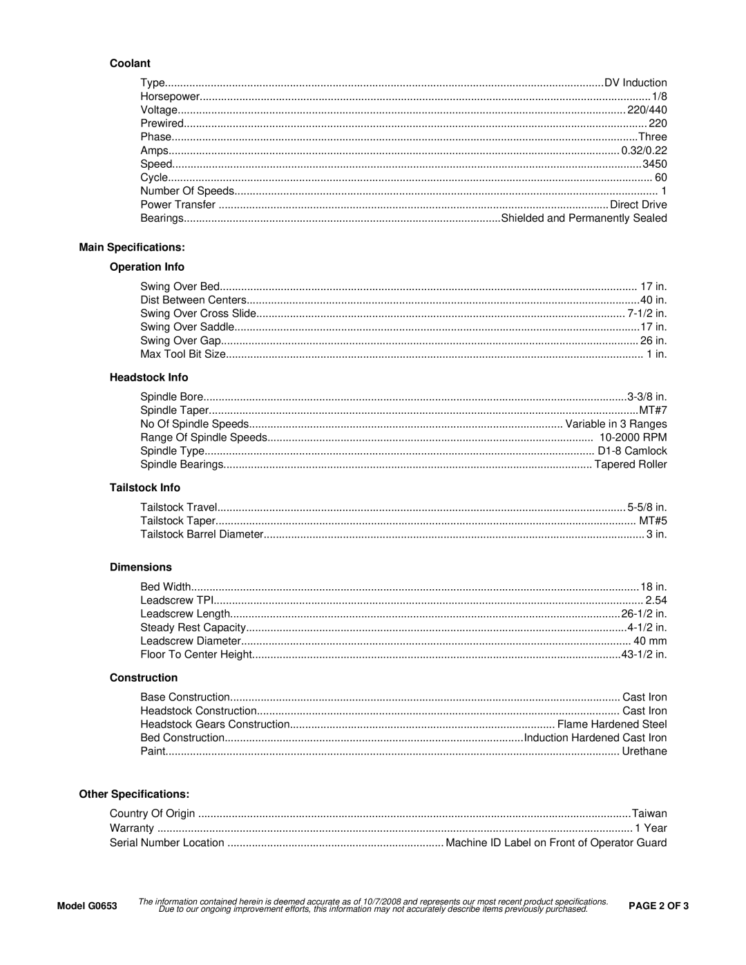 Grizzly G0653 Coolant, Main Specifications Operation Info, Headstock Info, Tailstock Info, Dimensions, Construction 