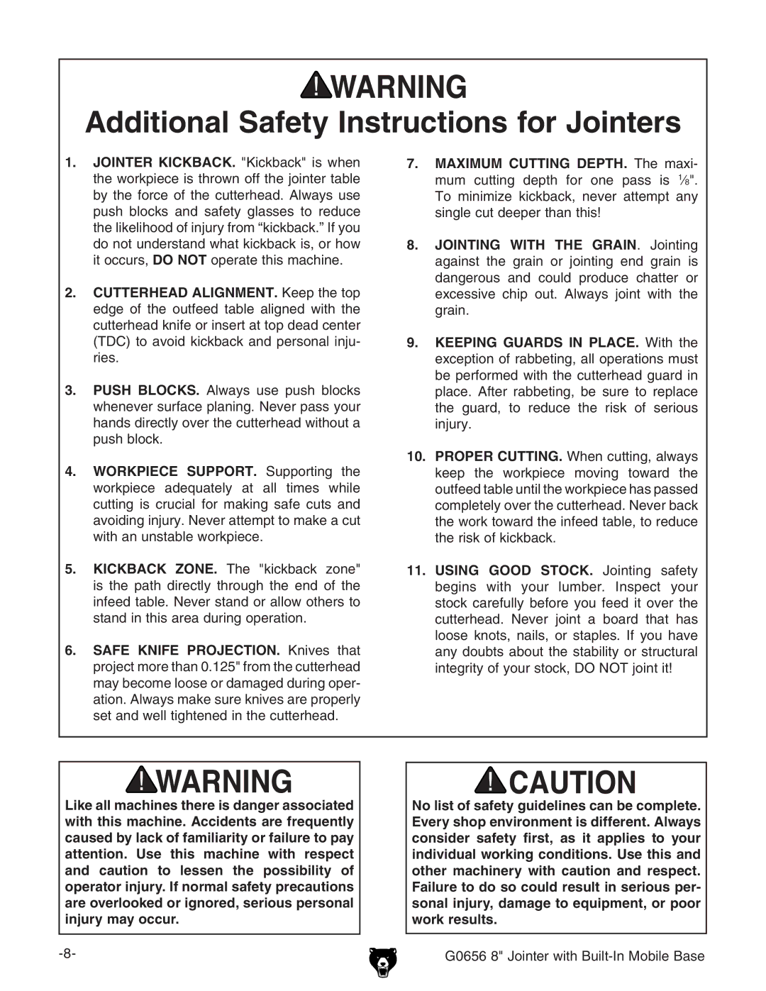 Grizzly G0656 owner manual Additional Safety Instructions for Jointers 