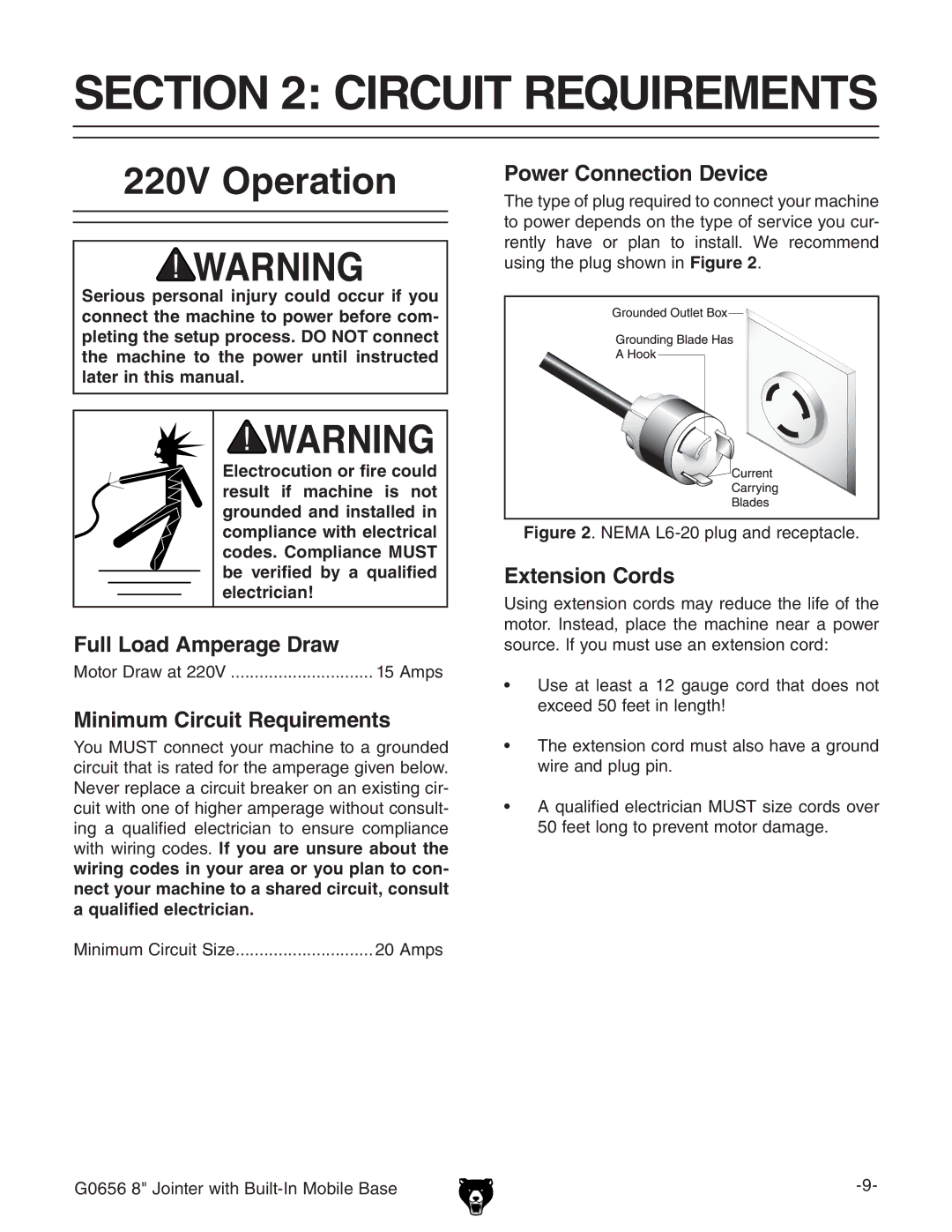 Grizzly G0656 owner manual Circuit Requirements, 220V Operation 