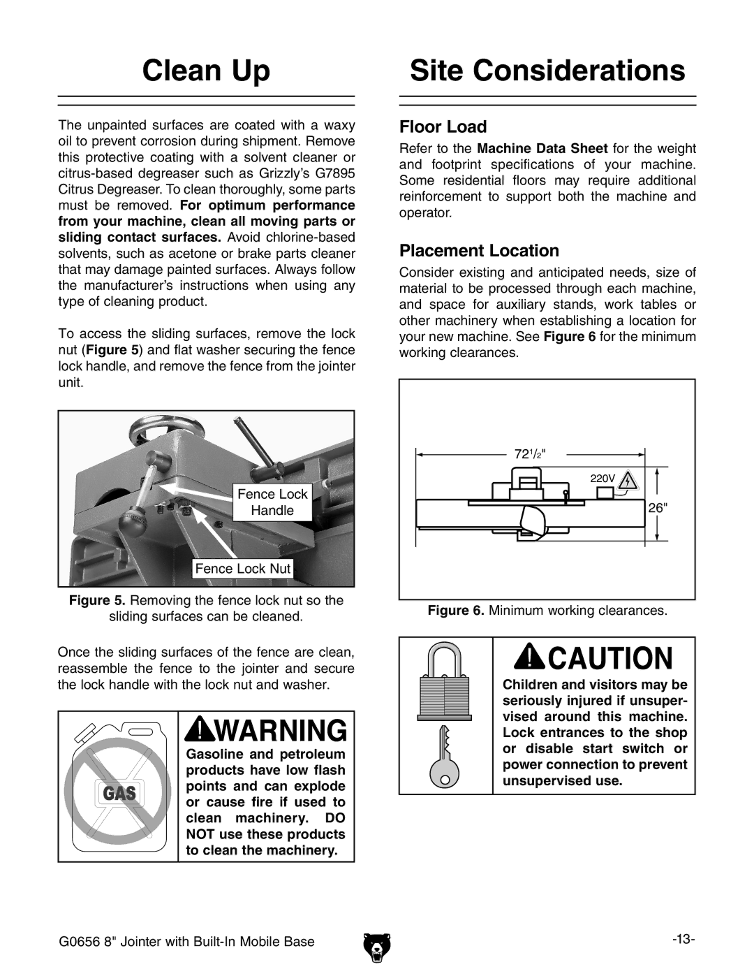 Grizzly G0656 owner manual Clean Up, Site Considerations 