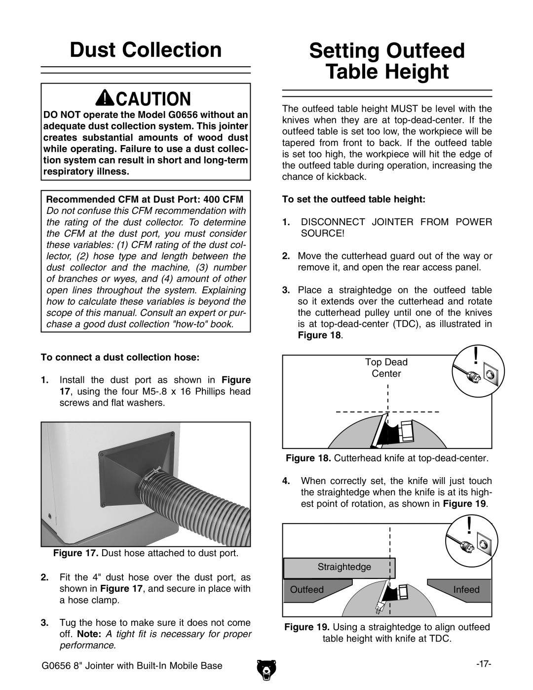 Grizzly G0656 Dust Collection Setting Outfeed, To connect a dust collection hose, To set the outfeed table height 