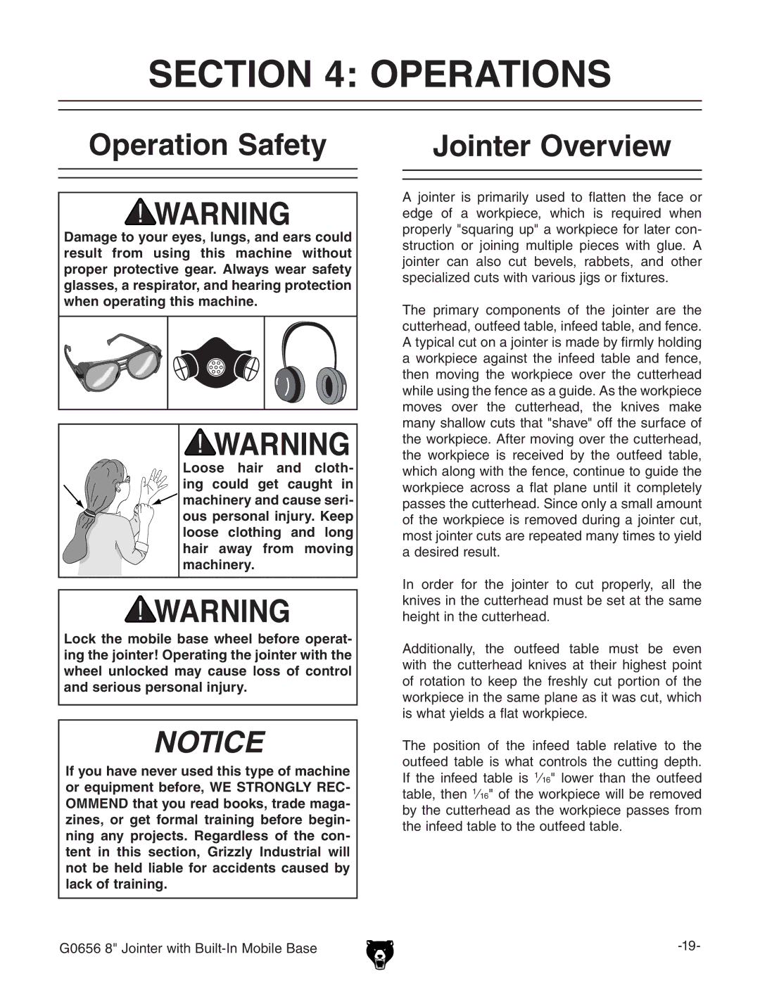 Grizzly G0656 owner manual Operations, Operation Safety Jointer Overview 