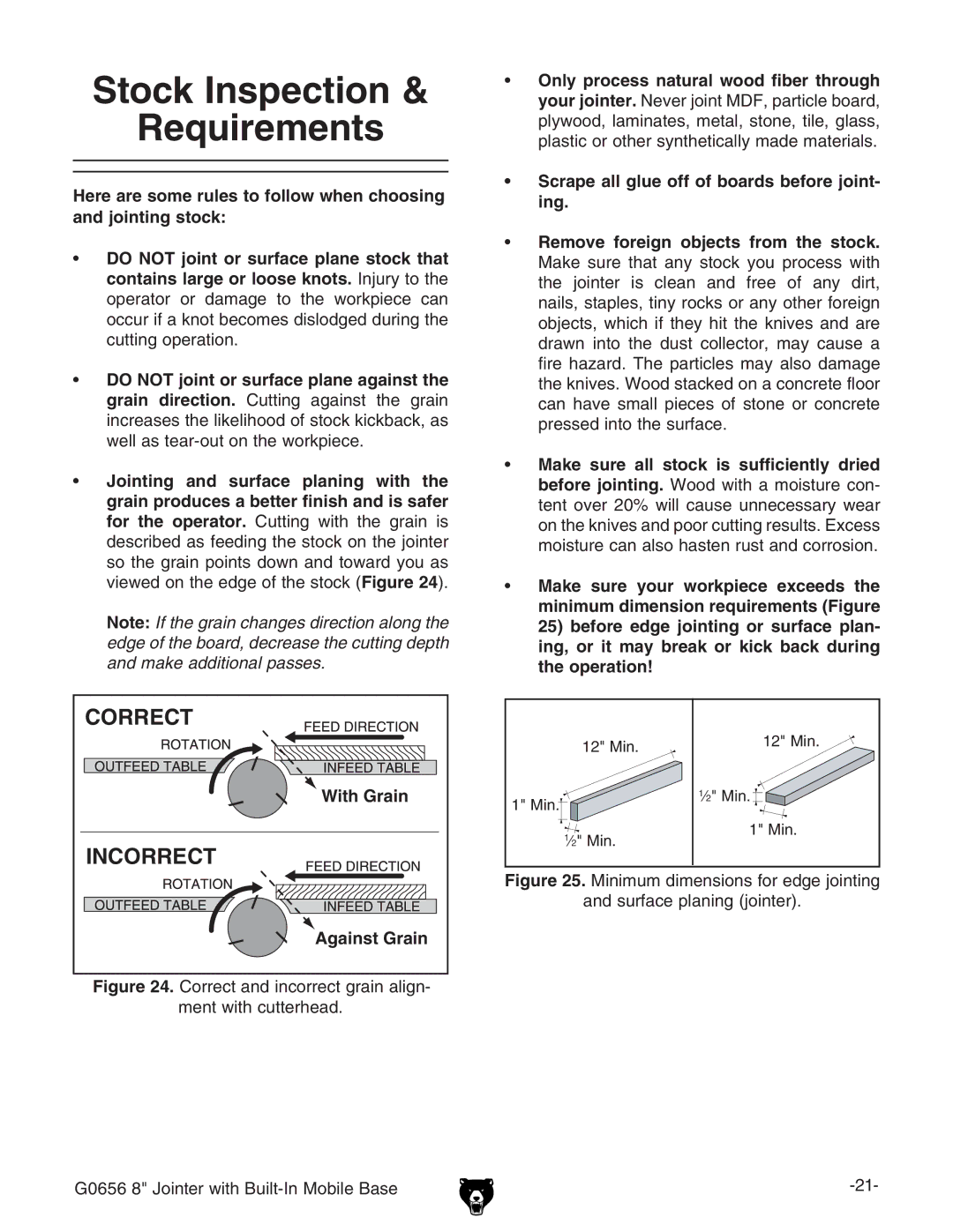 Grizzly G0656 owner manual Stock Inspection Requirements, Scrape all glue off of boards before joint- ing 