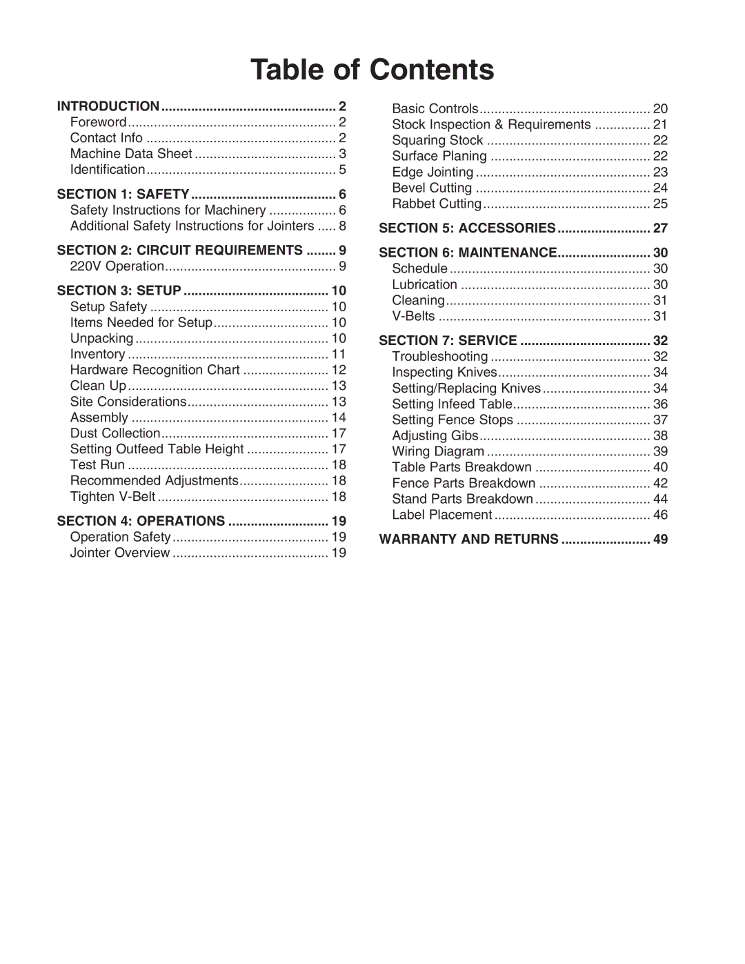 Grizzly G0656 owner manual Table of Contents 