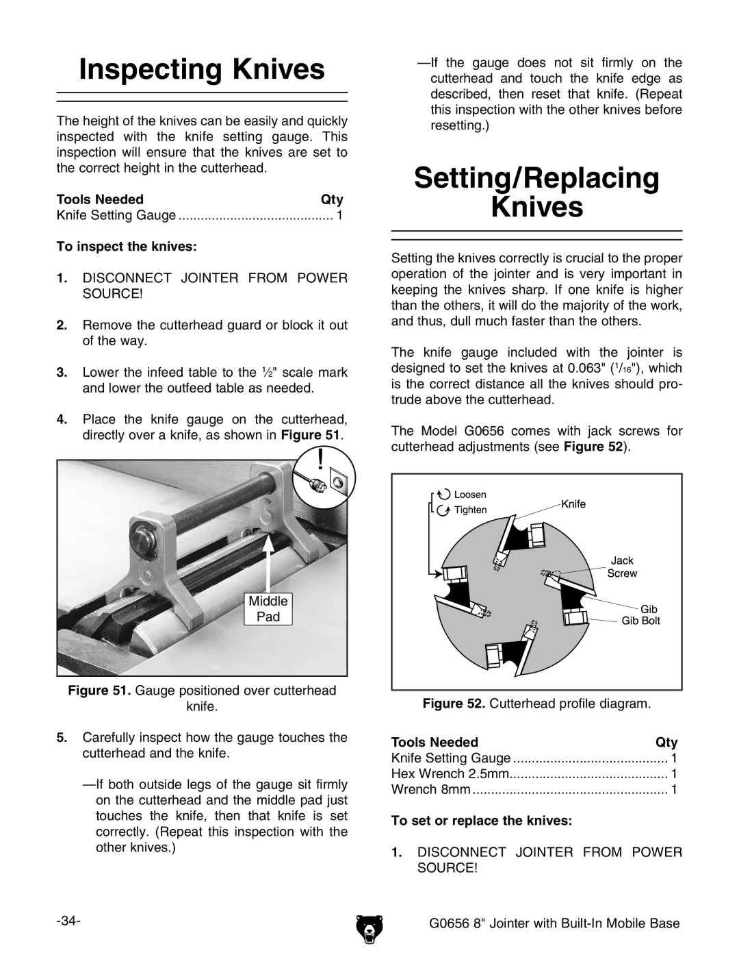 Grizzly G0656 owner manual Inspecting Knives, Setting/Replacing Knives, Tools Needed Qty, To inspect the knives 