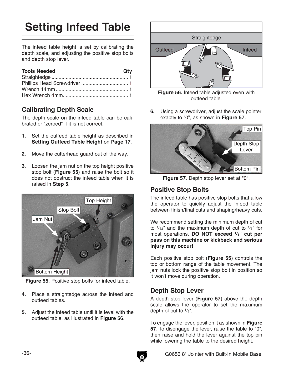 Grizzly G0656 owner manual Setting Infeed Table, Calibrating Depth Scale 