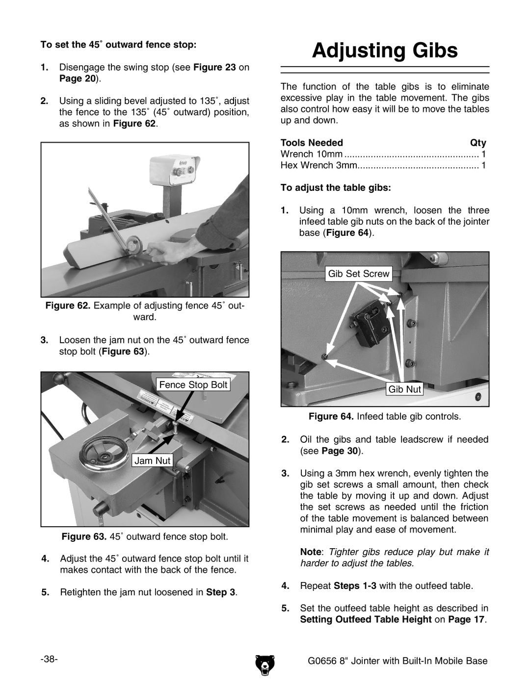 Grizzly G0656 owner manual Adjusting Gibs, To set the 45˚ outward fence stop, To adjust the table gibs 