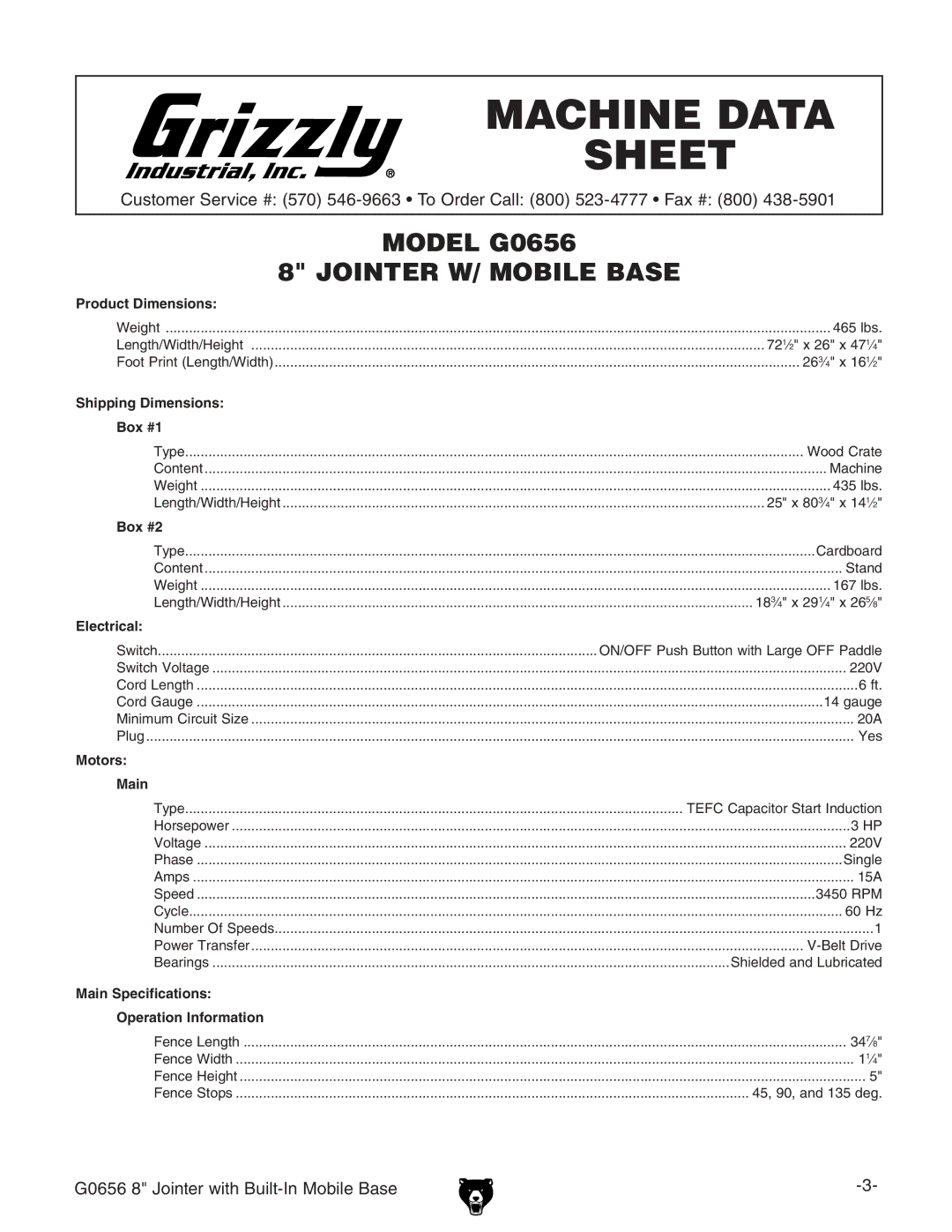 Grizzly G0656 owner manual Machine Data Sheet 