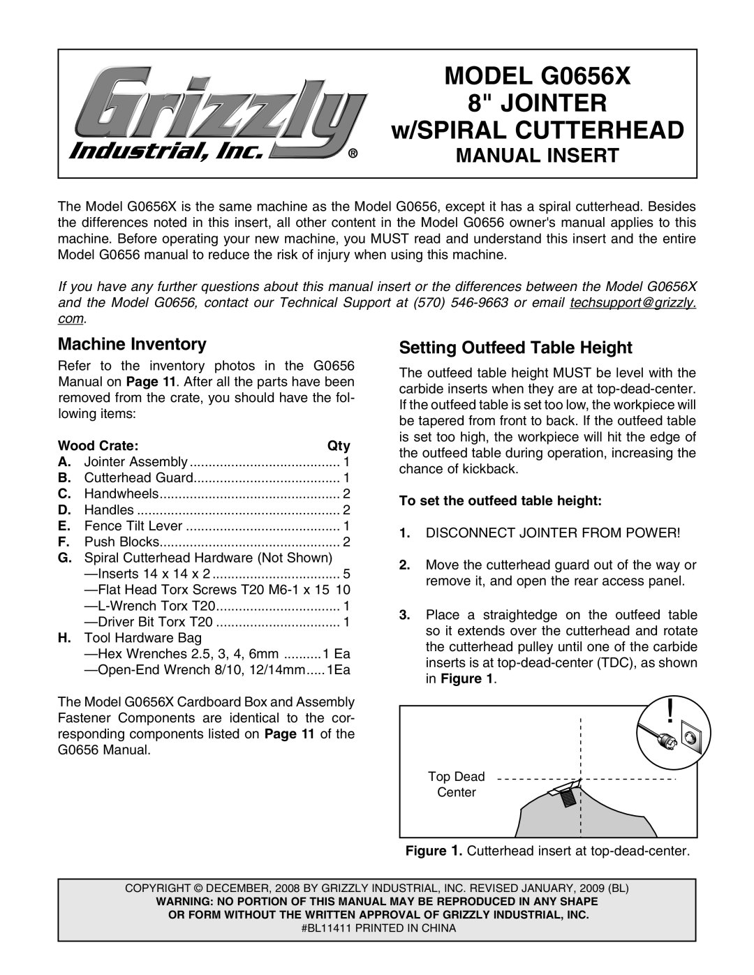 Grizzly G0656X manual Machine Inventory Setting Outfeed Table Height, Wood Crate Qty, To set the outfeed table height 