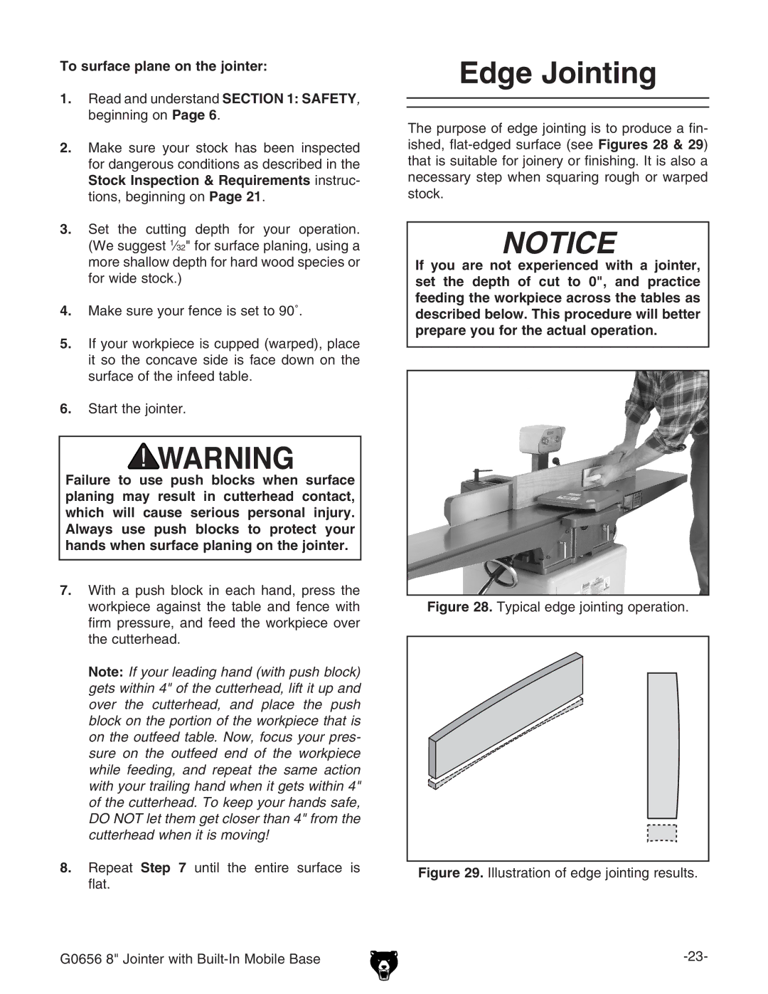 Grizzly G0656X manual Edge Jointing, To surface plane on the jointer 