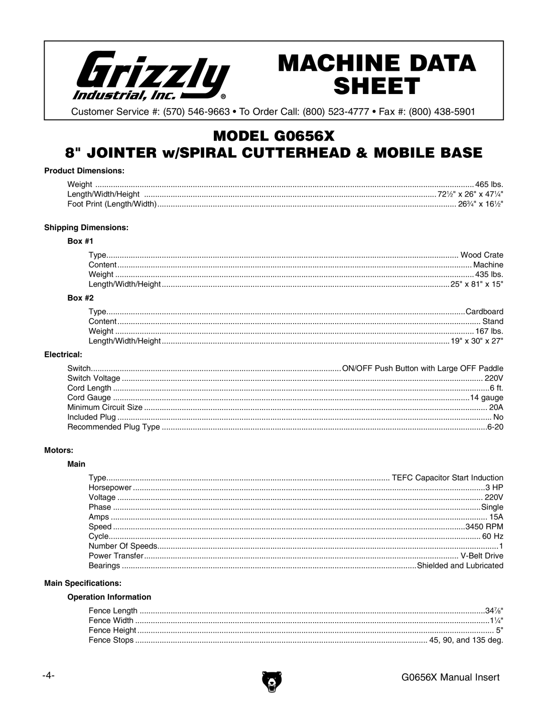 Grizzly G0656X manual Machine Data Sheet 