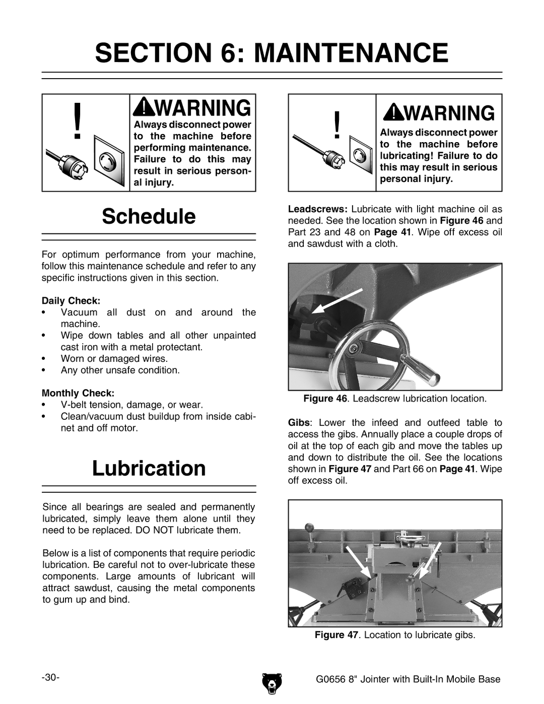 Grizzly G0656X manual Schedule, Lubrication, Daily Check, Monthly Check 