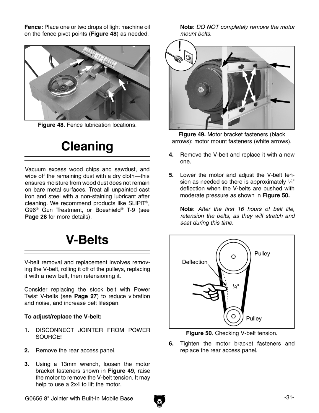 Grizzly G0656X manual Cleaning, Belts, To adjust/replace the V-belt 