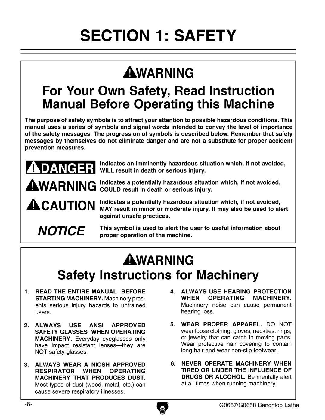 Grizzly owner manual G0657/G0658 Benchtop Lathe 