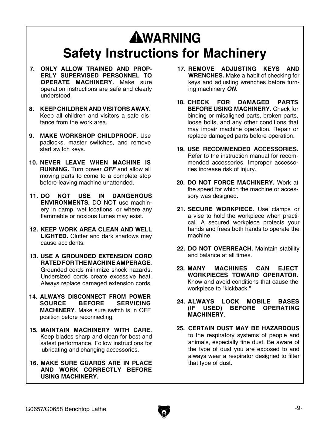 Grizzly owner manual G0657/G0658 Benchtop Lathe 