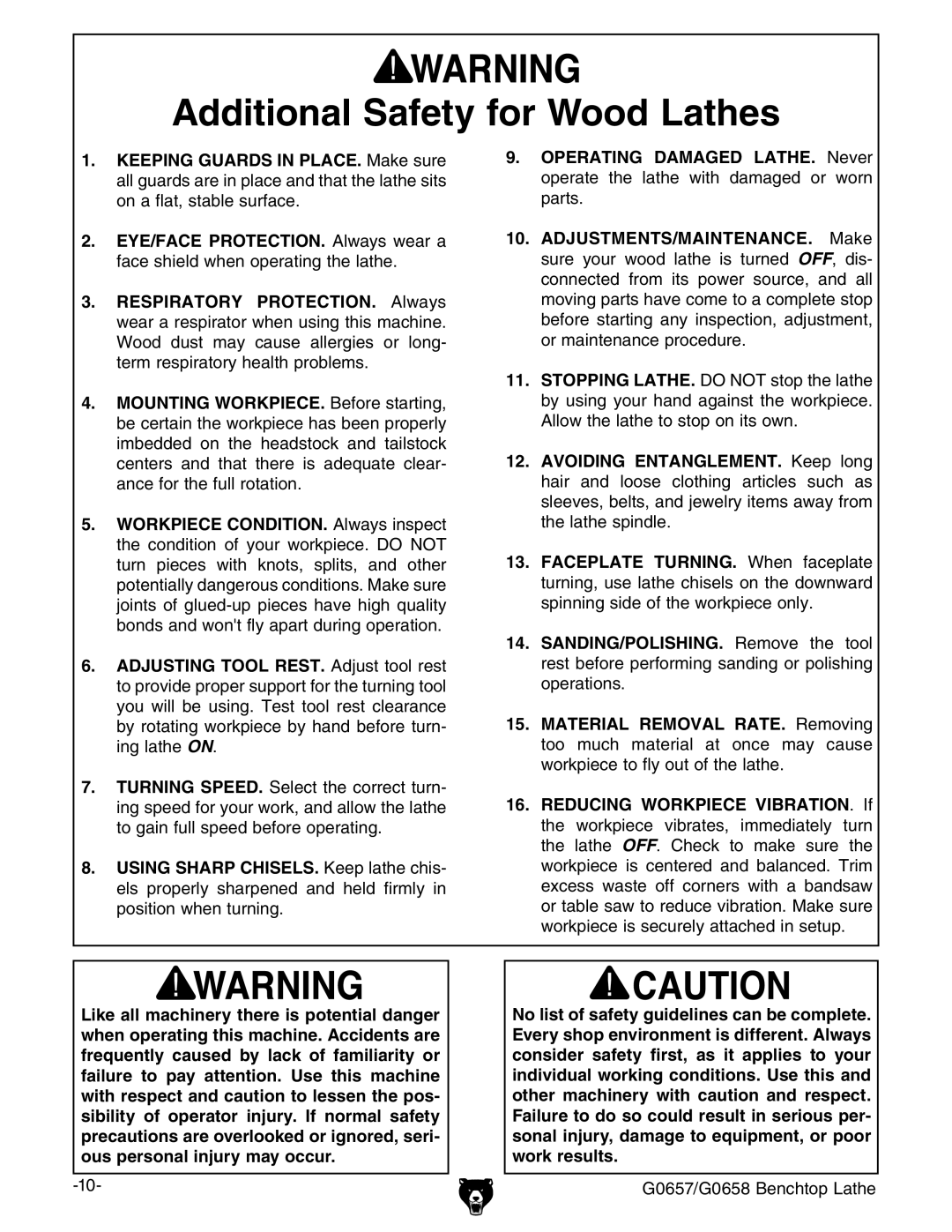 Grizzly G0657/G0658 owner manual Additional Safety for Wood Lathes 