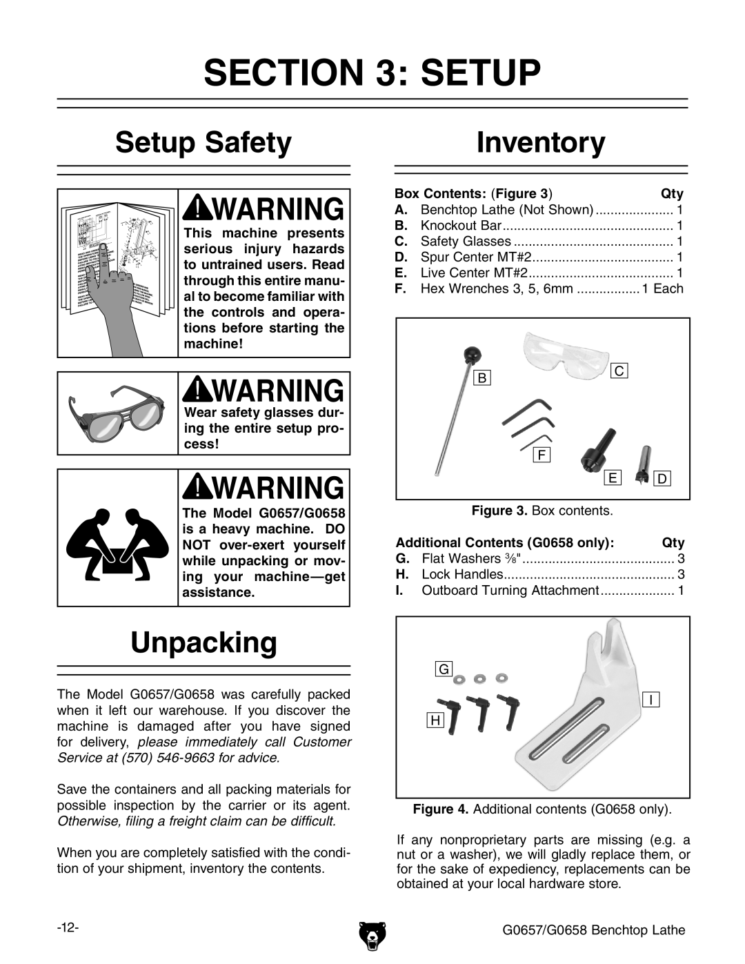 Grizzly G0657/G0658 Setup Safety Inventory, Unpacking, Box Contents Figure Qty, Additional Contents G0658 only Qty 