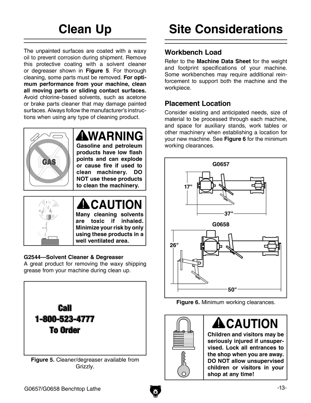 Grizzly G0657/G0658 owner manual Clean Up, Site Considerations, G2544-Solvent Cleaner & Degreaser, G0657 G0658 