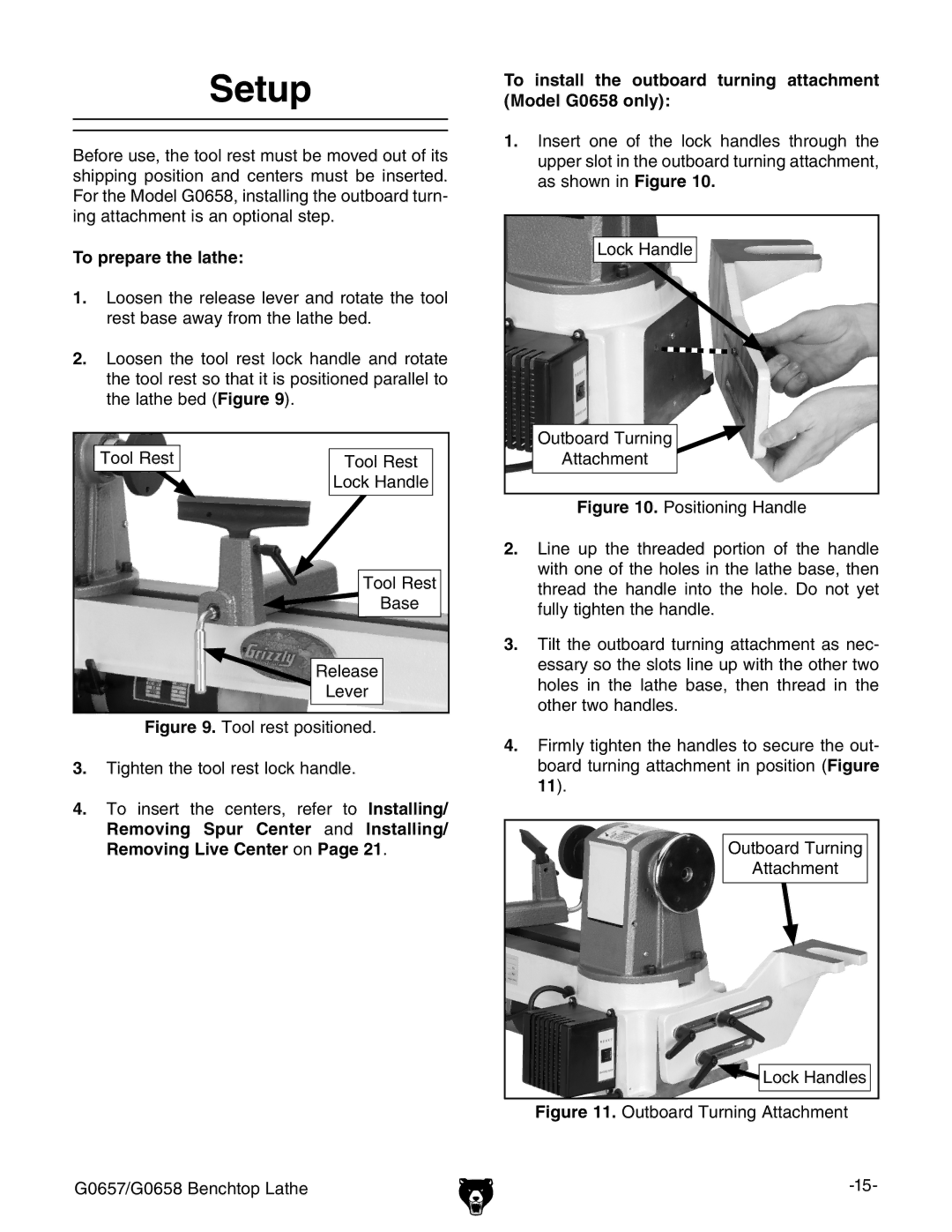 Grizzly G0657/G0658 owner manual Setup, To prepare the lathe, To install the outboard turning attachment Model G0658 only 