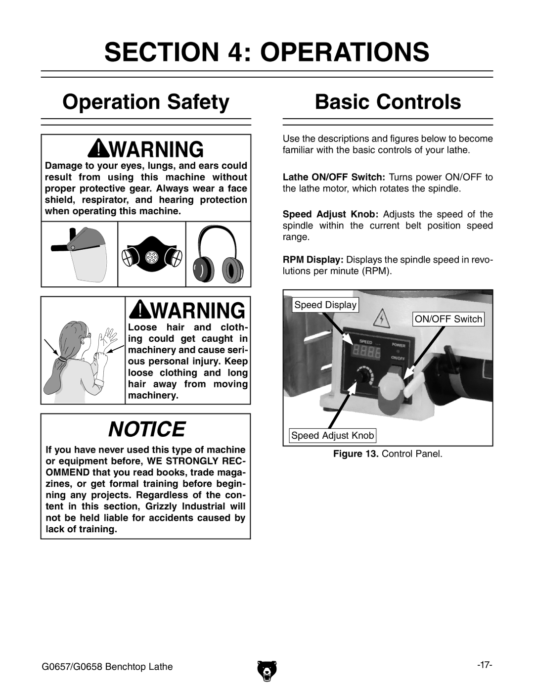 Grizzly G0657/G0658 owner manual Operations, Operation Safety, Basic Controls 