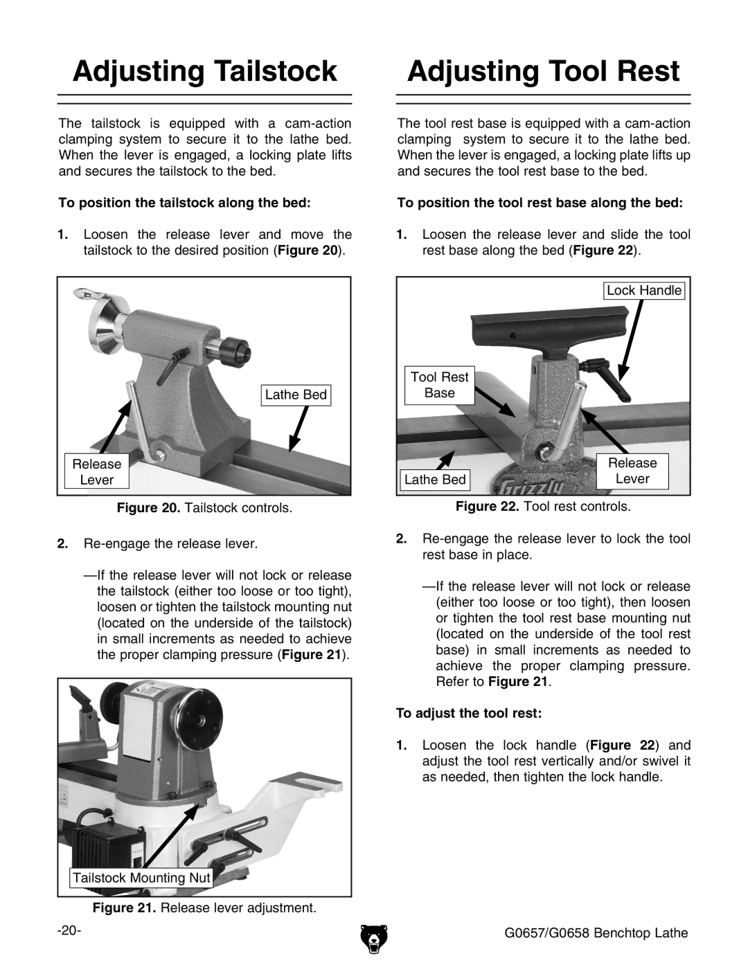 Grizzly G0657/G0658 owner manual Adjusting Tailstock Adjusting Tool Rest, To position the tailstock along the bed 