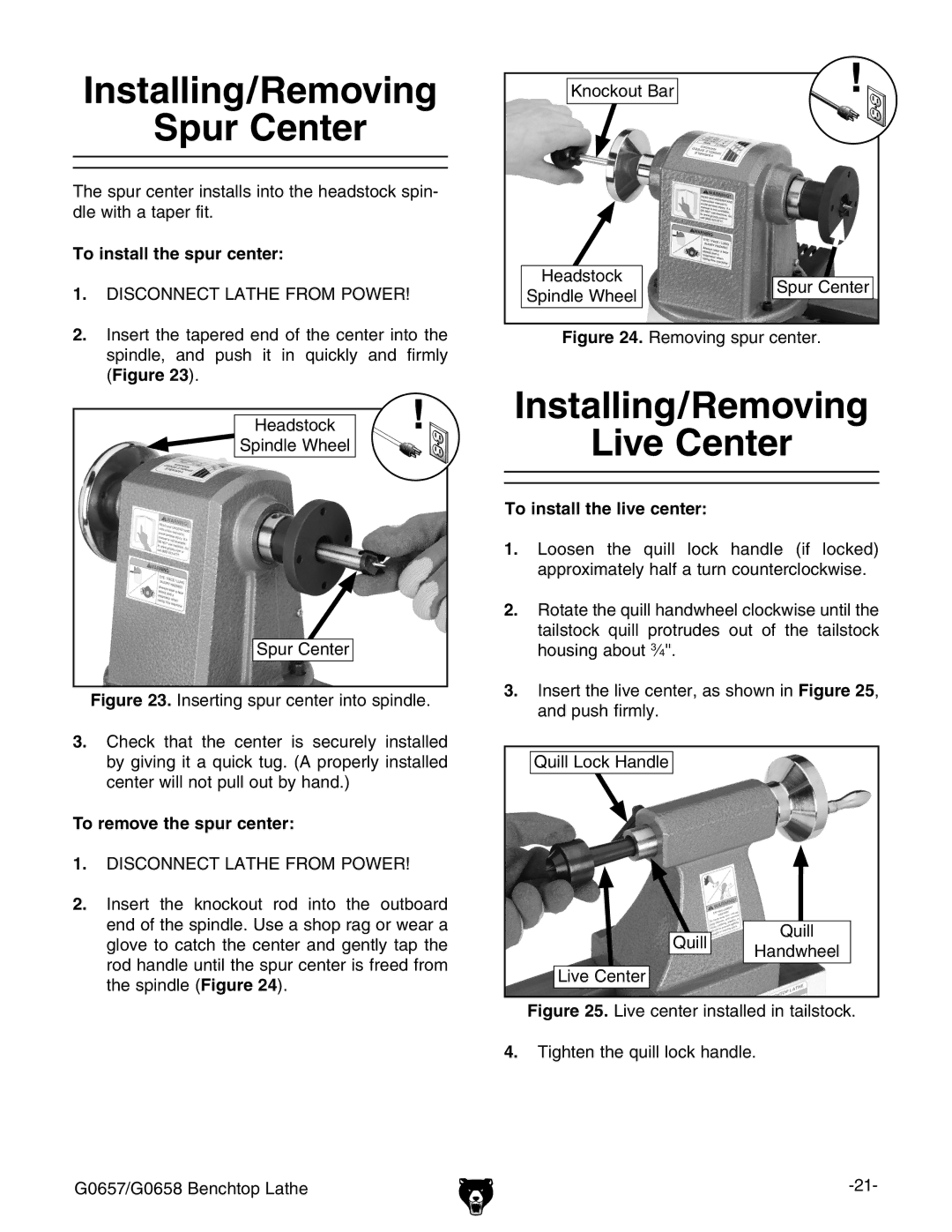 Grizzly G0657/G0658 Installing/Removing Spur Center, Installing/Removing Live Center, To install the spur center 