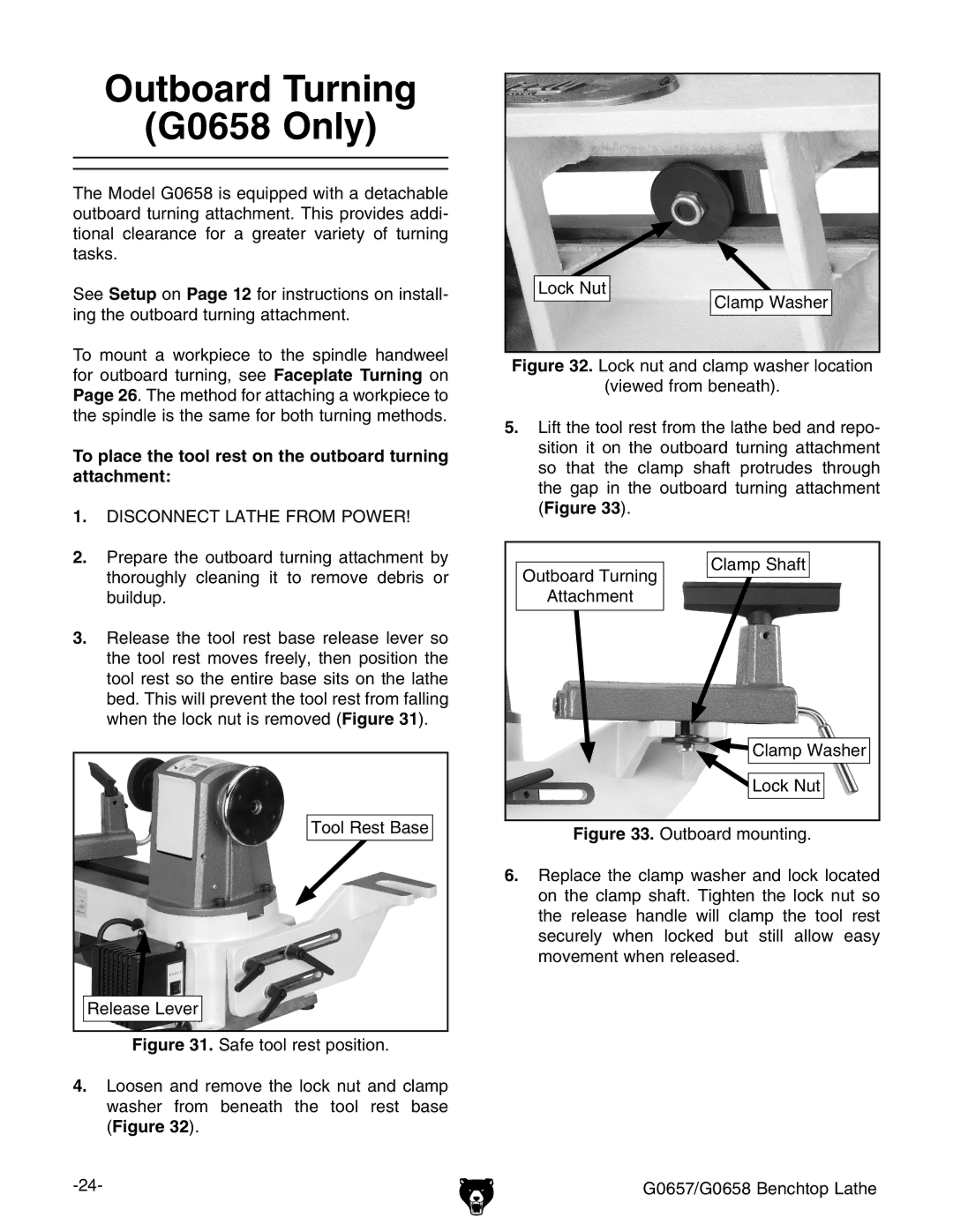 Grizzly G0657/G0658 owner manual Outboard Turning G0658 Only, To place the tool rest on the outboard turning attachment 