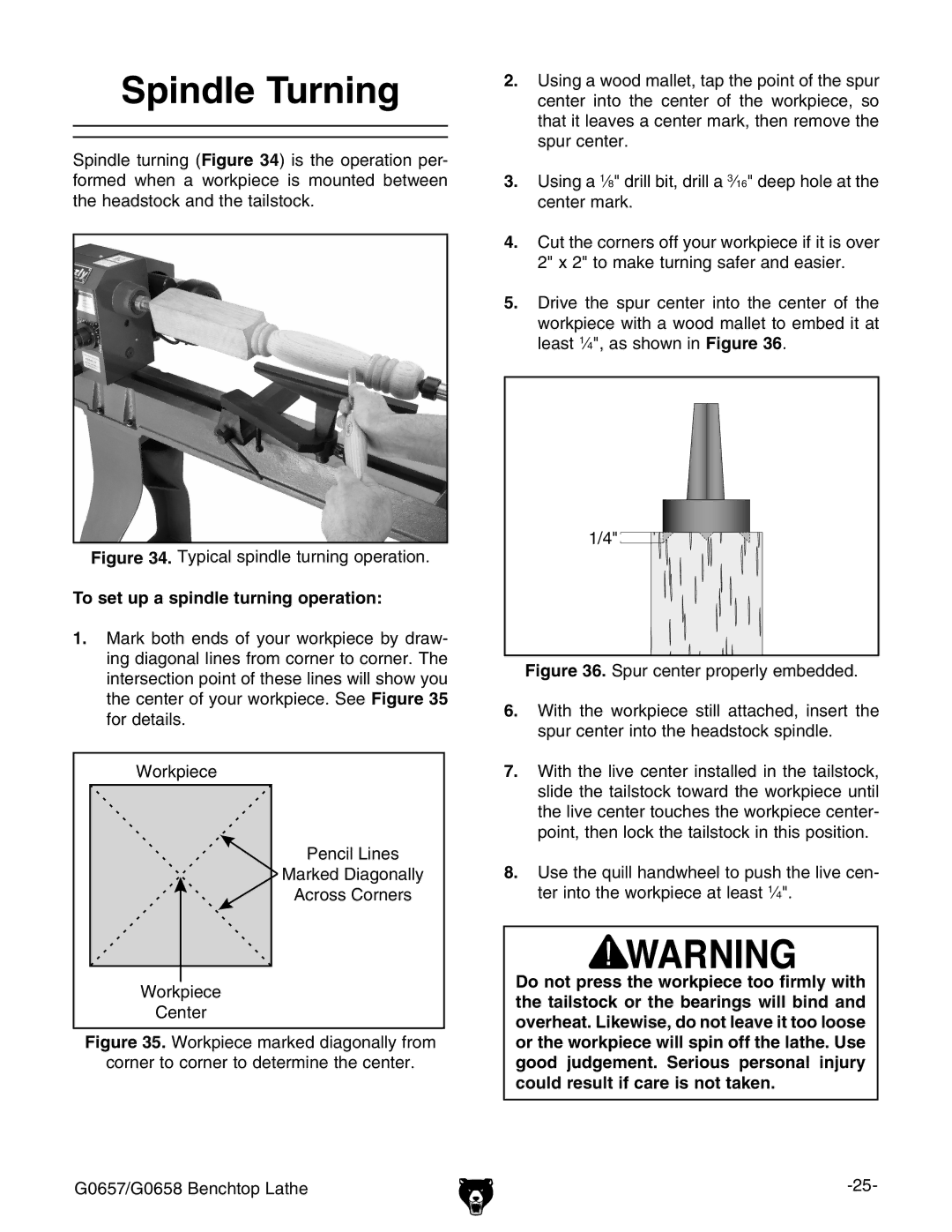 Grizzly G0657/G0658 owner manual Spindle Turning, To set up a spindle turning operation 