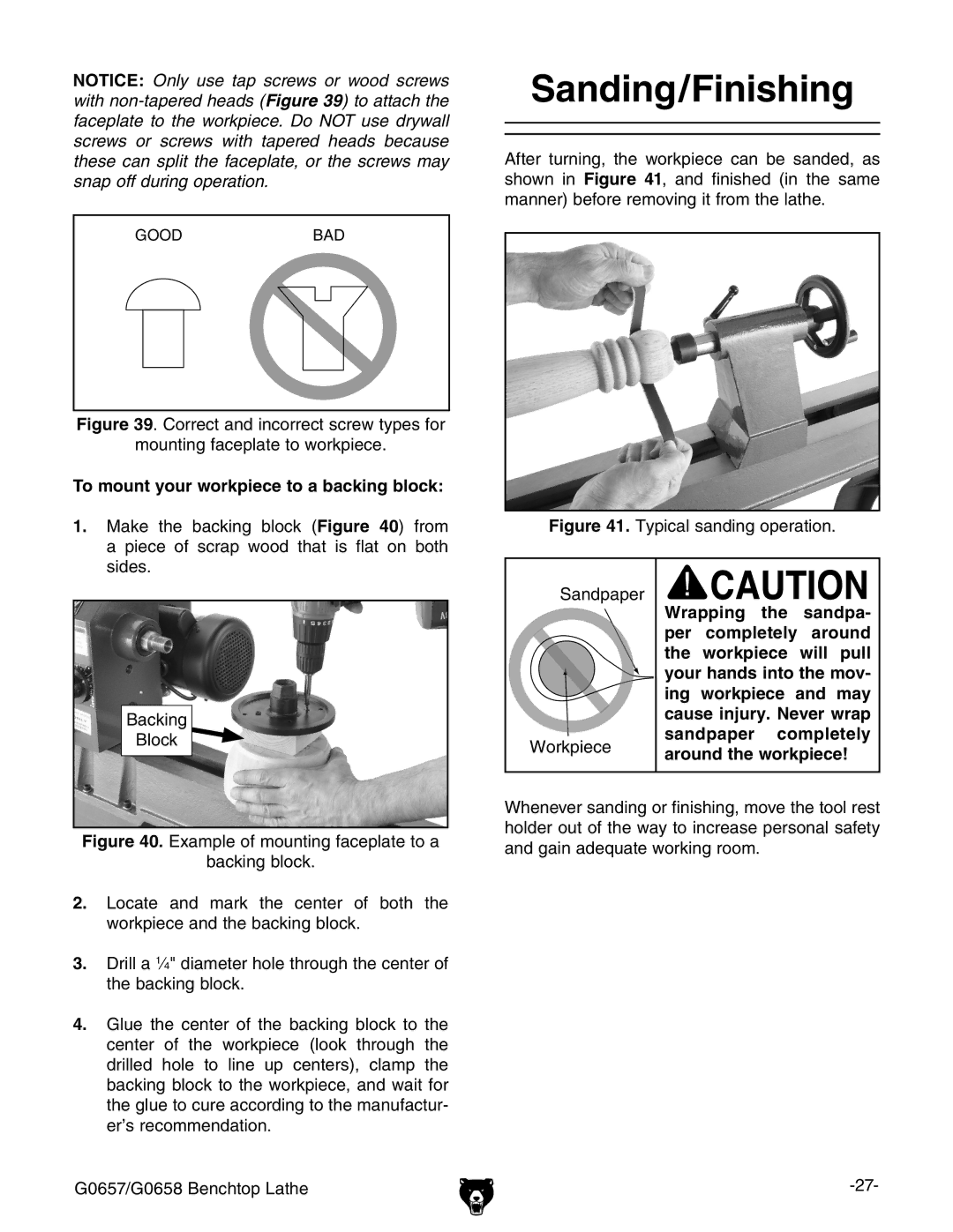 Grizzly G0657/G0658 owner manual Sanding/Finishing, To mount your workpiece to a backing block 