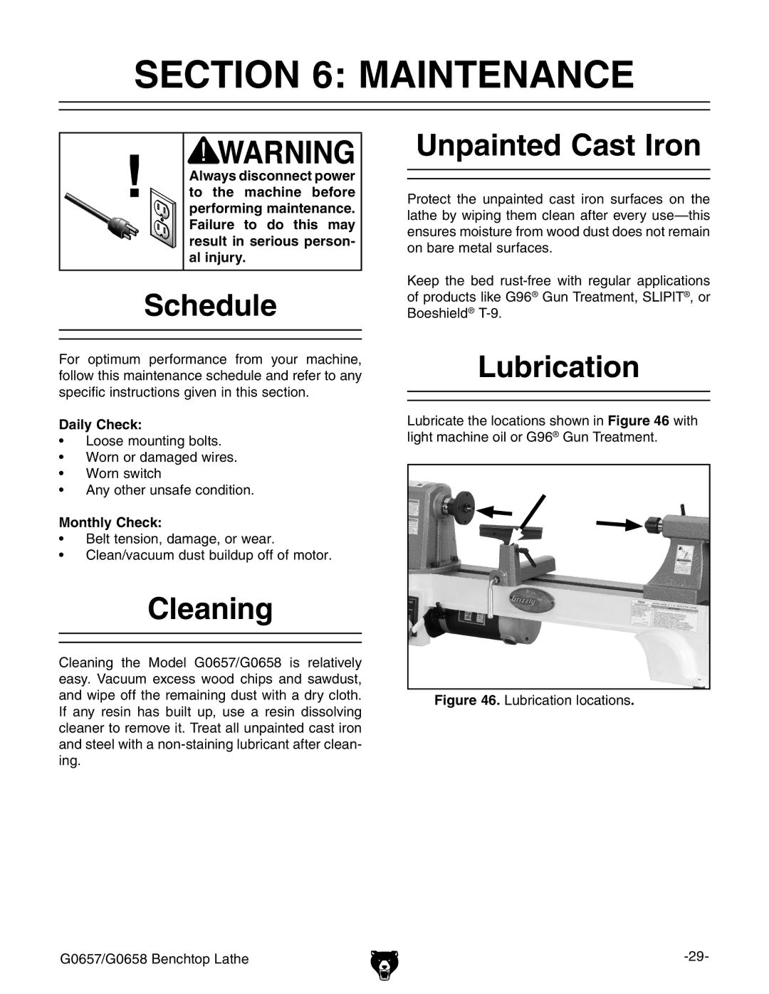 Grizzly G0657/G0658 owner manual Maintenance, Schedule, Cleaning, Unpainted Cast Iron, Lubrication 