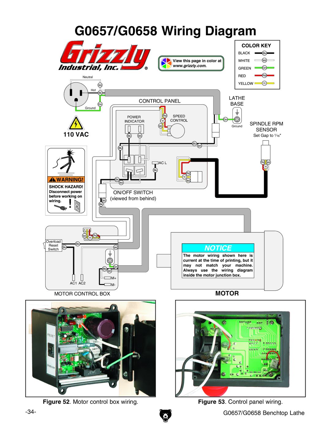 Grizzly owner manual G0657/G0658 Wiring Diagram, Motor control box wiring 