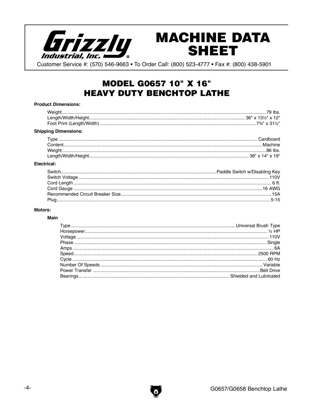 Grizzly owner manual G0657/G0658 Benchtop Lathe 