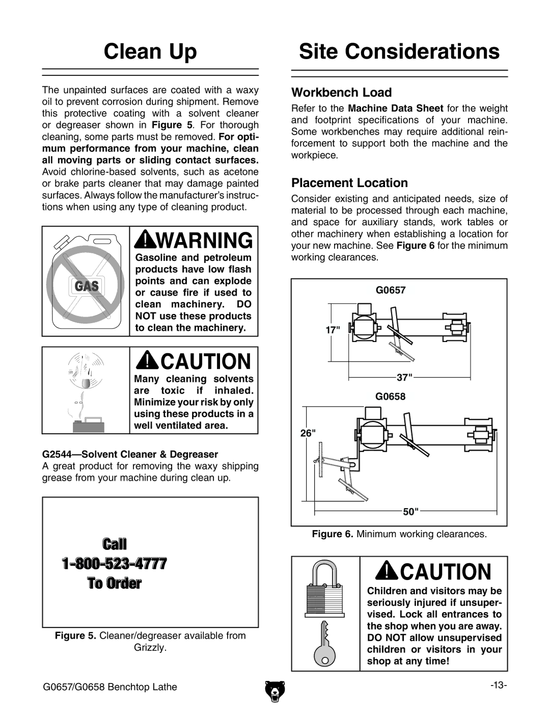 Grizzly owner manual Clean Up, Site Considerations, G2544-Solvent Cleaner & Degreaser, G0657 G0658 