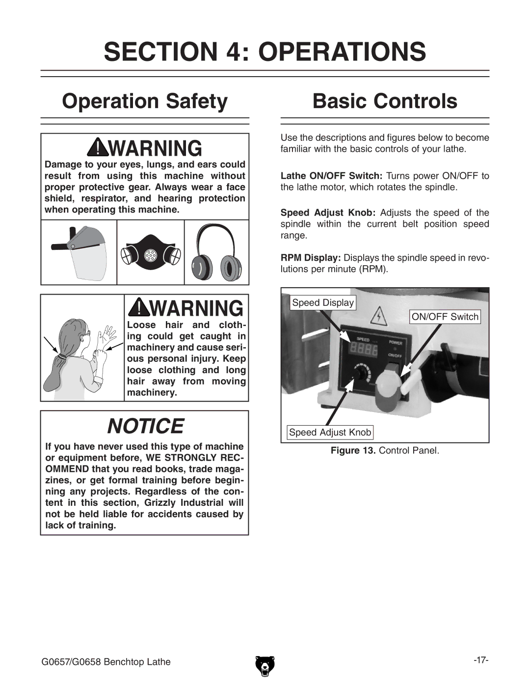 Grizzly G0657, G0658 owner manual Operations, Operation Safety Basic Controls 