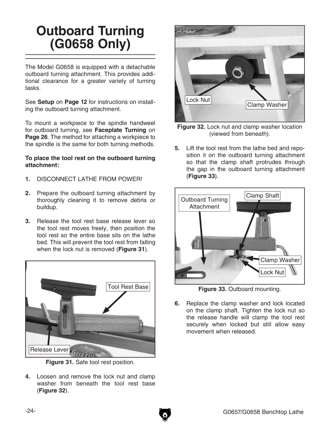 Grizzly G0657 owner manual Outboard Turning G0658 Only, To place the tool rest on the outboard turning attachment 