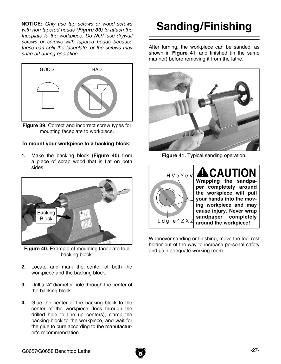 Grizzly G0657, G0658 owner manual Sanding/Finishing, To mount your workpiece to a backing block 