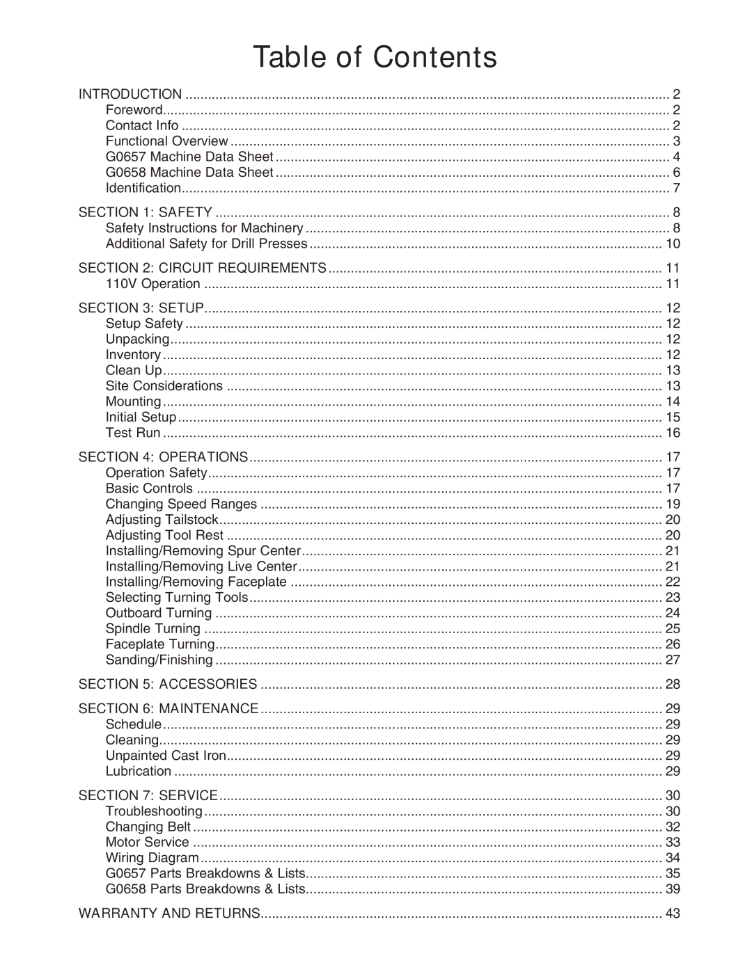 Grizzly G0657, G0658 owner manual Table of Contents 