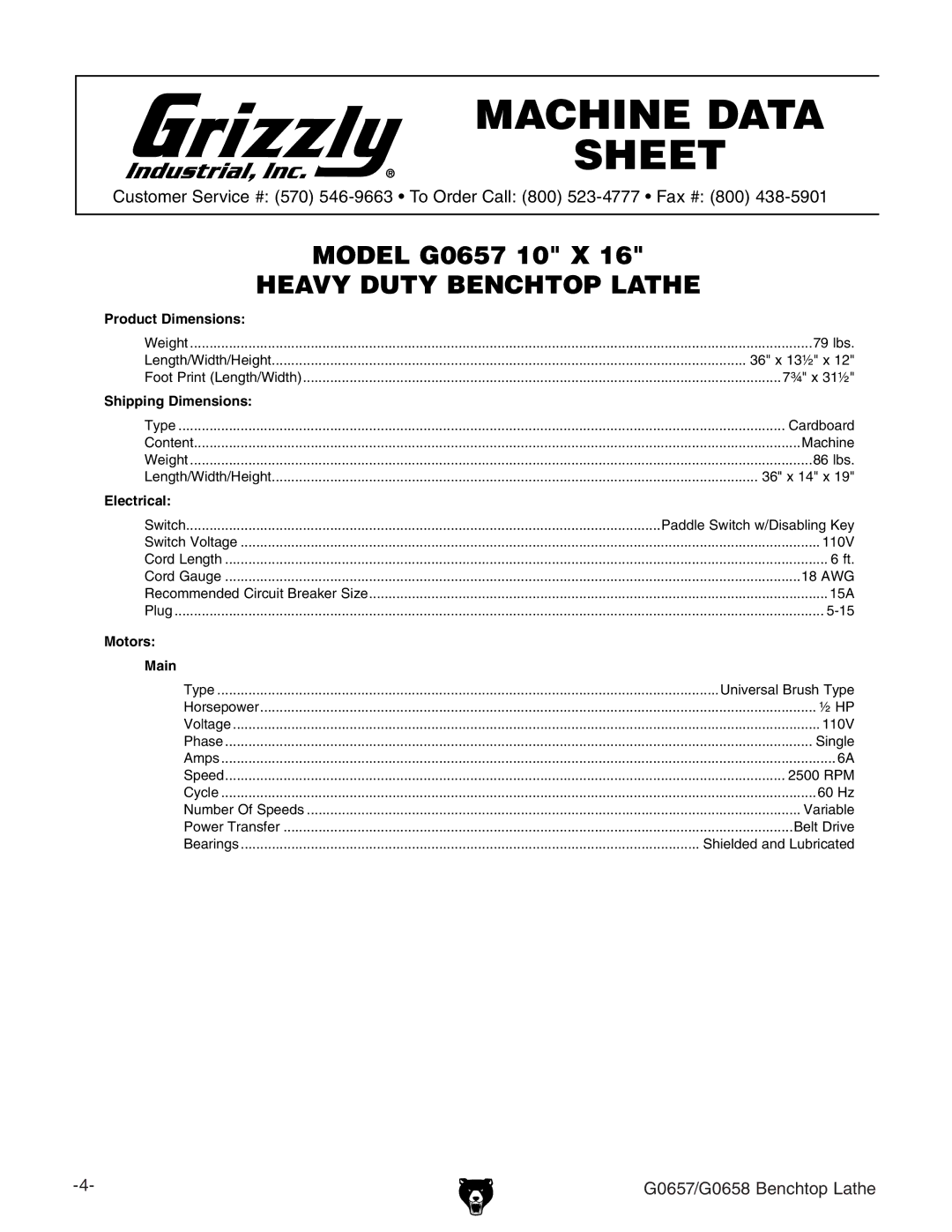 Grizzly G0658, G0657 owner manual #.% $!4 