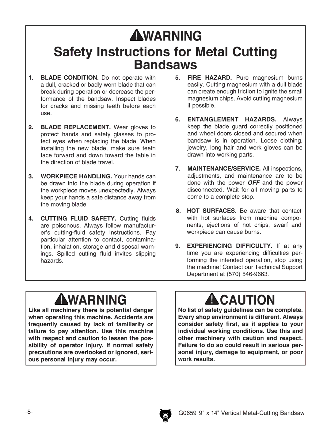 Grizzly G0659 owner manual Safety Instructions for Metal Cutting Bandsaws 