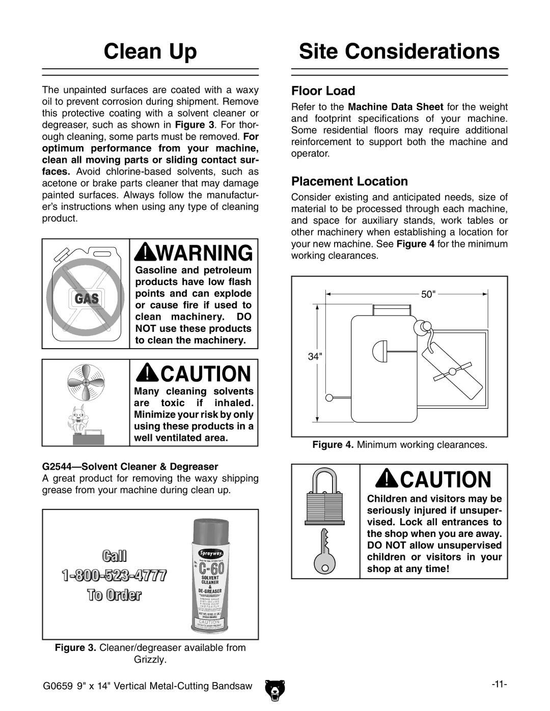 Grizzly G0659 owner manual Clean Up, Site Considerations, Floor Load, Placement Location 