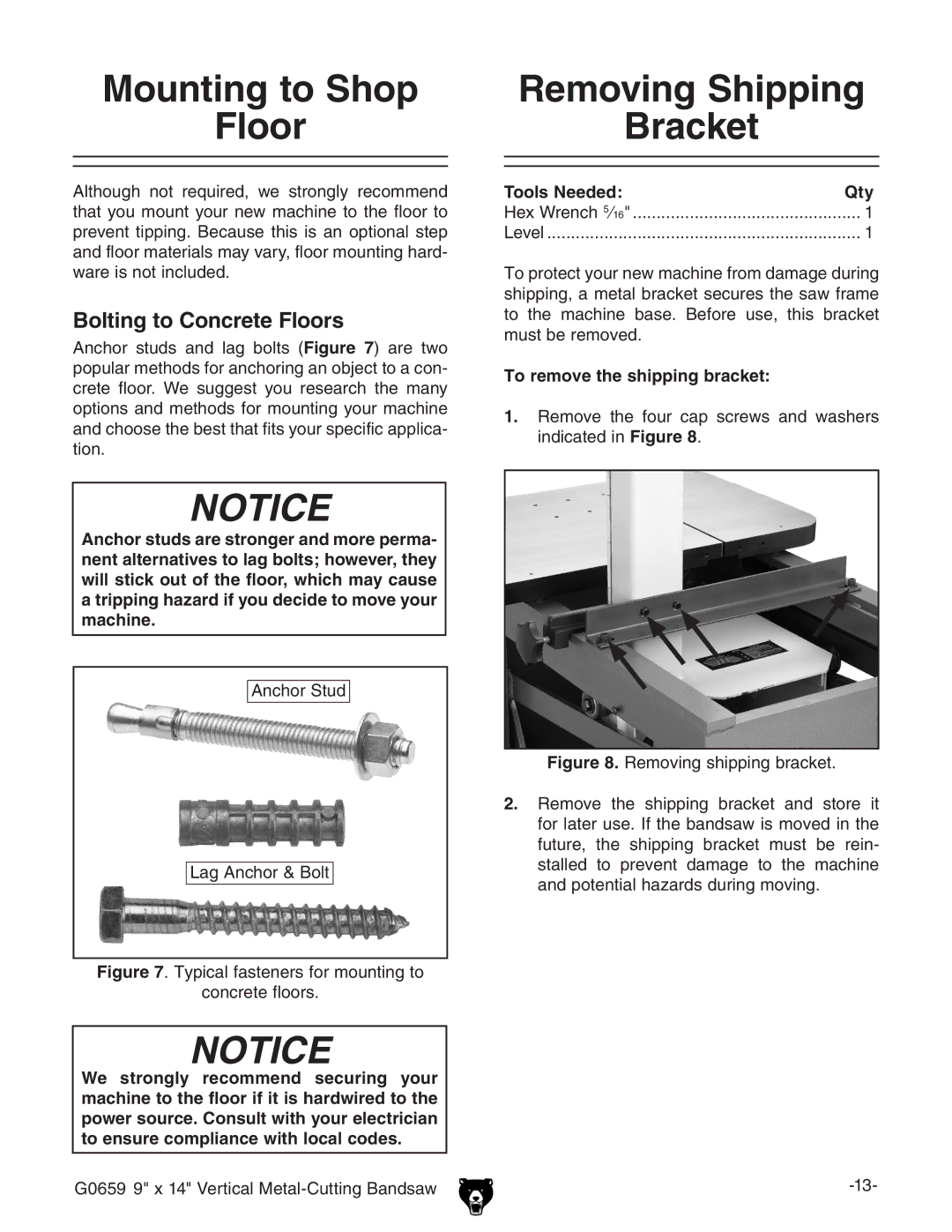 Grizzly G0659 owner manual Mounting to Shop Floor, Removing Shipping Bracket, Bolting to Concrete Floors 