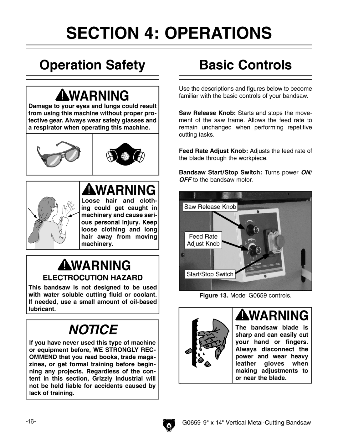 Grizzly G0659 owner manual Operations, Operation Safety Basic Controls 