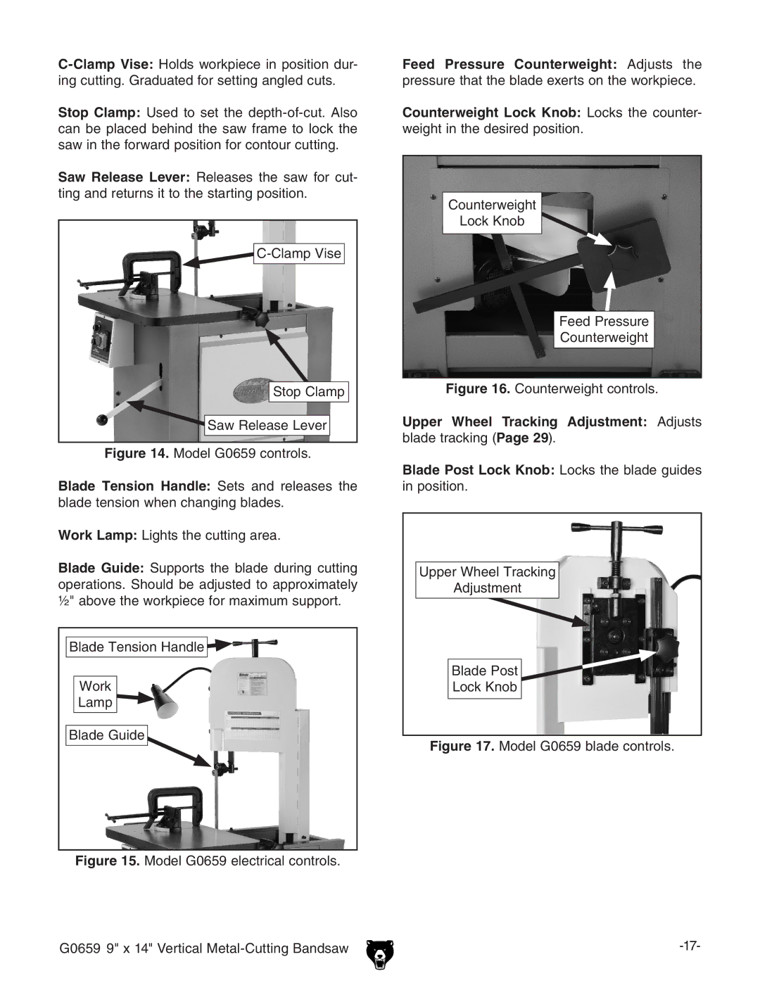 Grizzly G0659 owner manual Counterweight controls, Upper Wheel Tracking Adjustment Adjusts blade tracking 