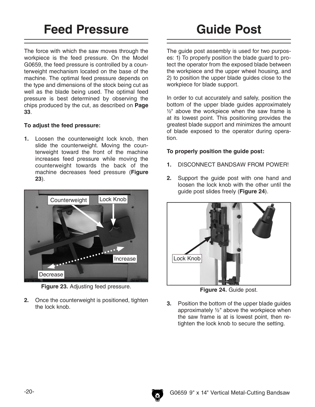 Grizzly G0659 owner manual Feed Pressure Guide Post, To adjust the feed pressure, To properly position the guide post 