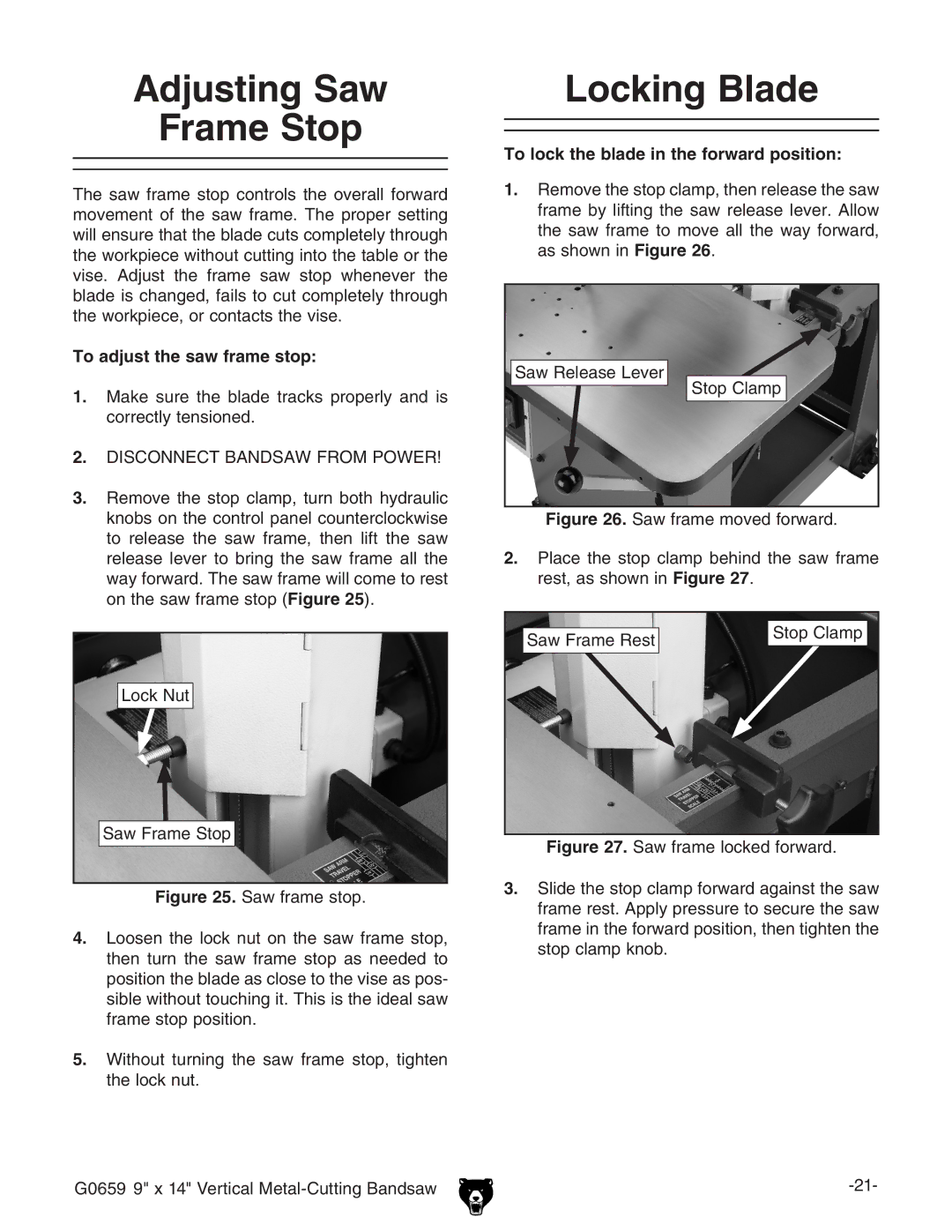 Grizzly G0659 owner manual Adjusting Saw Frame Stop, Locking Blade, To adjust the saw frame stop 